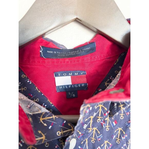 Vintage Tommy Hilfiger Nautical Anchor Button Down Shirt Navy Blue Large 90s - Picture 3 of 5